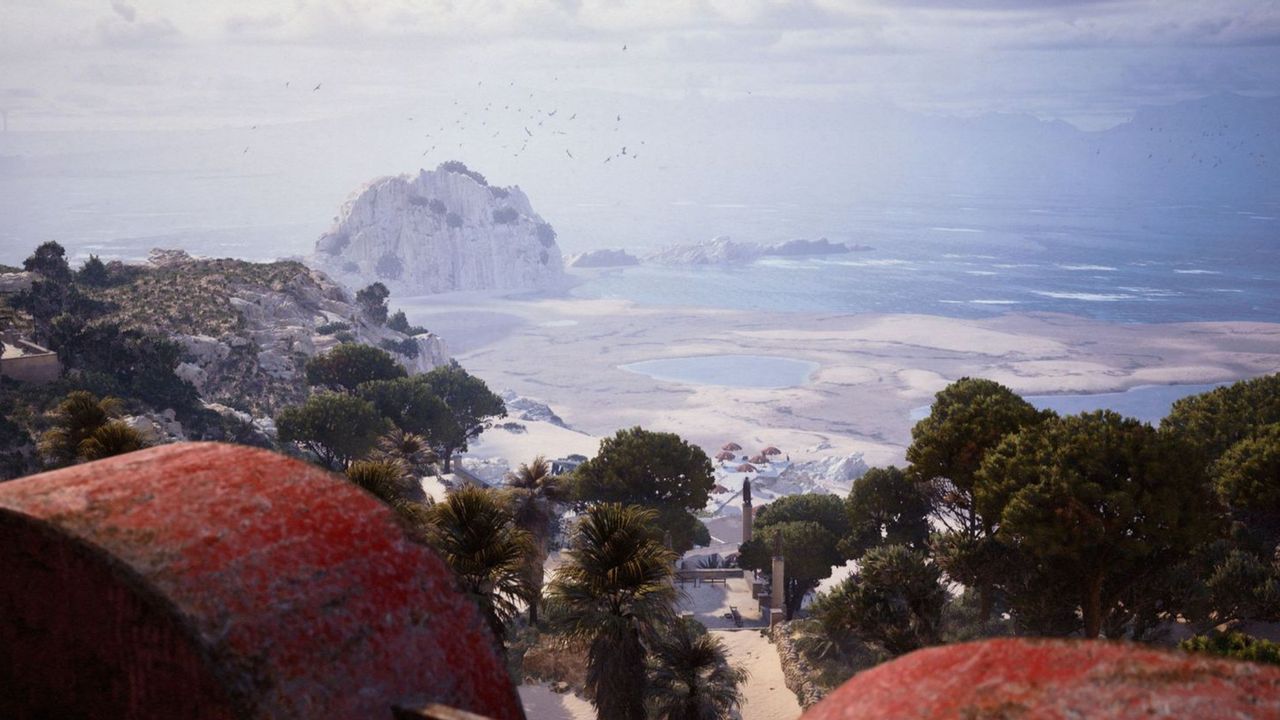 Arc Raiders Riven Tides: A scenic image of the Riven Tides map, showing the beach and ocean from atop the hotel.