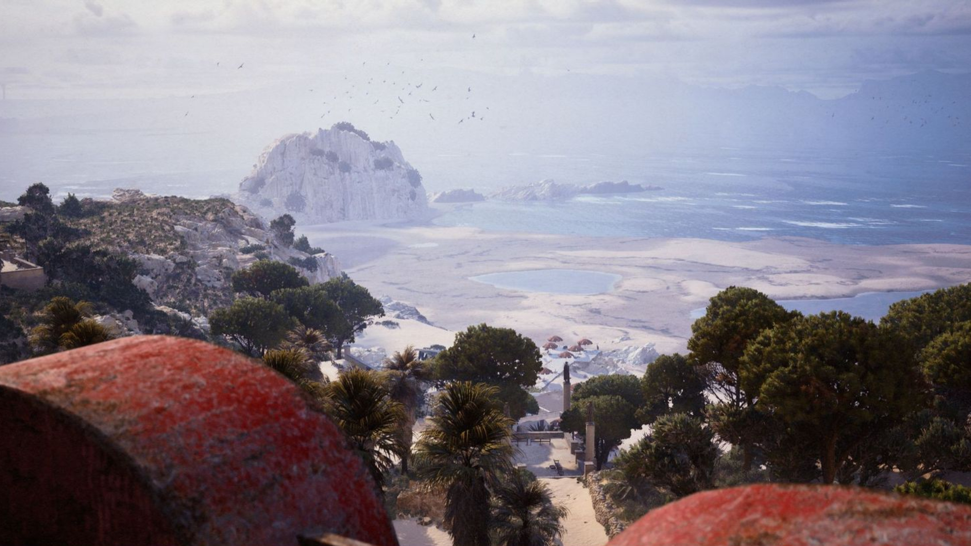 Arc Raiders Riven Tides: A scenic image of the Riven Tides map, showing the beach and ocean from atop the hotel.