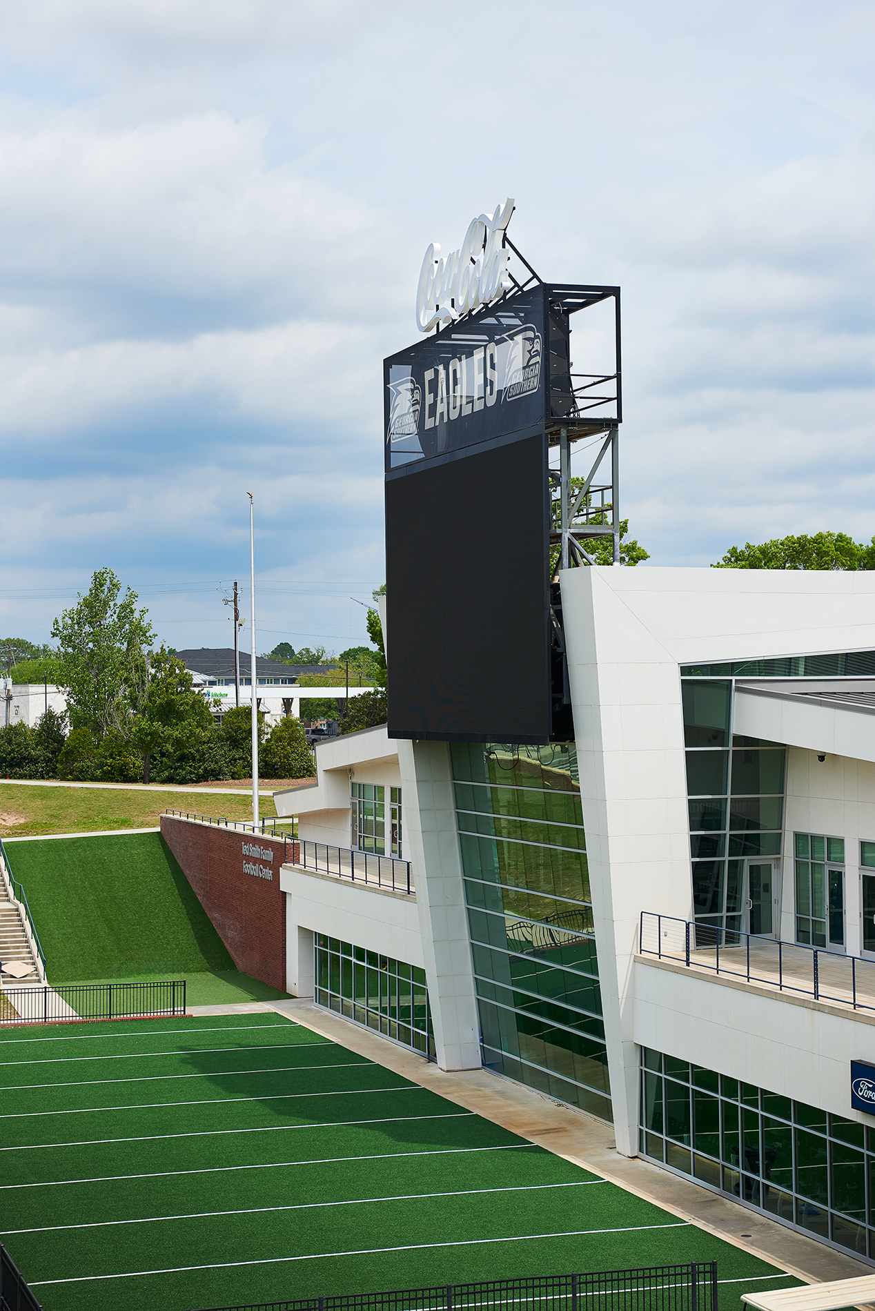 Shots of the new scoreboard and audio system at the home football field of Georgia Southern.