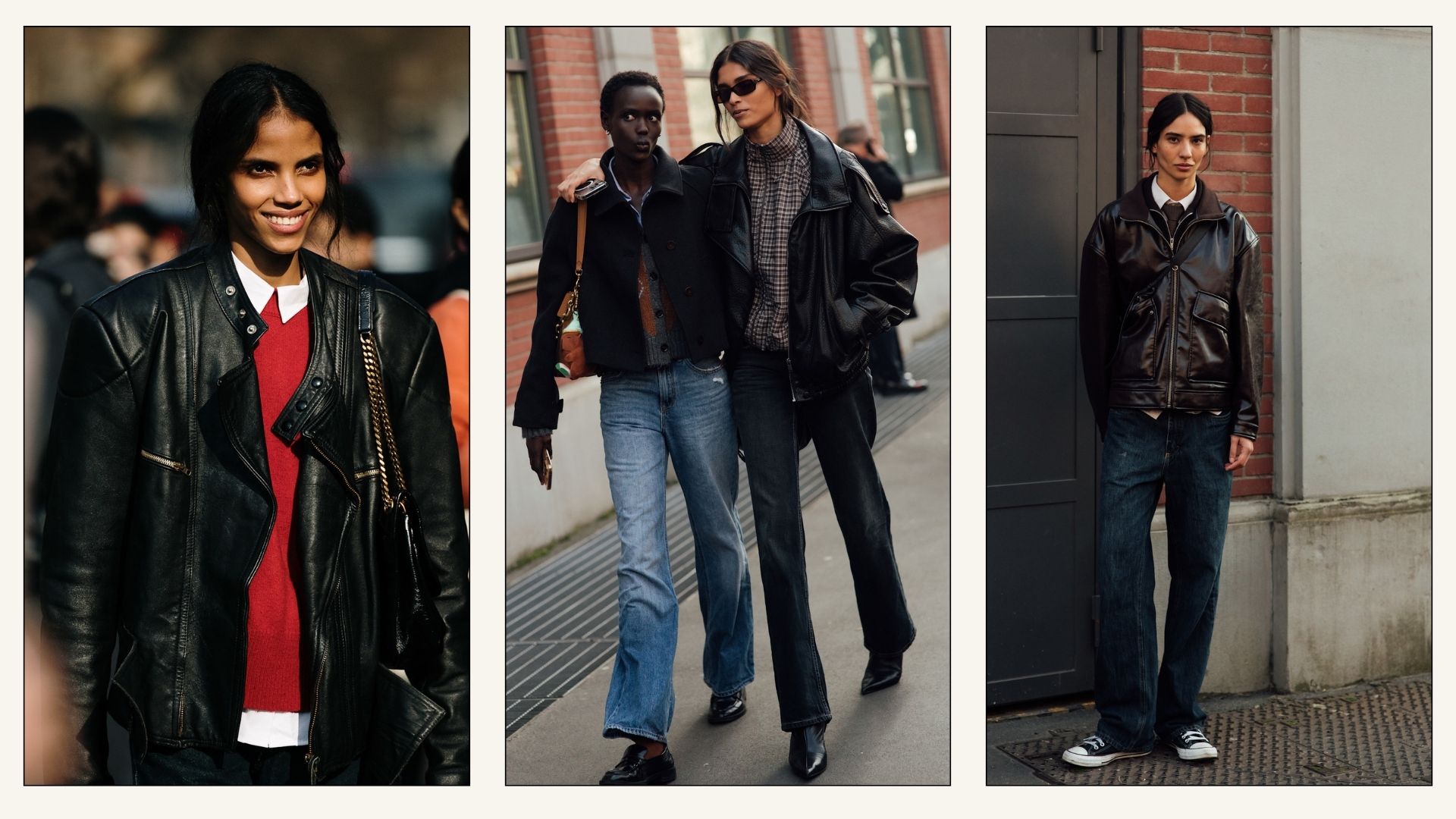 Model wears a leather bomber jacket at Milan Fashion Week