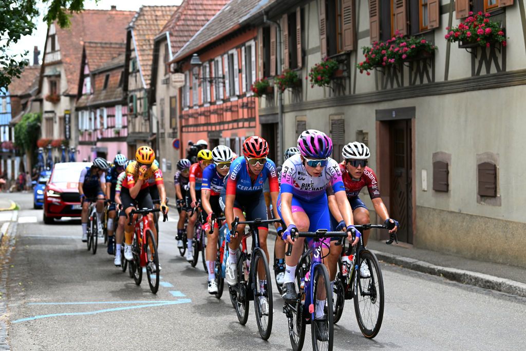 ROSHEIM FRANCE JULY 29 LR Sandra Alonso Dominguez of Spain and Ceratizit Wnt Pro Cycling Team Ruby RosemanGannon of Australia and Team Bikeexchange Jayco and Tamara Dronova of Russia and Team Roland Cogeas EdelweissIsraelPremier Tech compete in the breakaway passing through Heiligenstein Village during the 1st Tour de France Femmes 2022 Stage 6 a 1286km stage from SaintDidesVosges to Rosheim TDFF UCIWWT on July 29 2022 in Rosheim France Photo by Dario BelingheriGetty Images