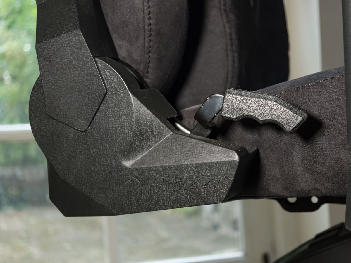 Closeup of the Arozzi Vernazza Supersoft gaming chair's recline lever