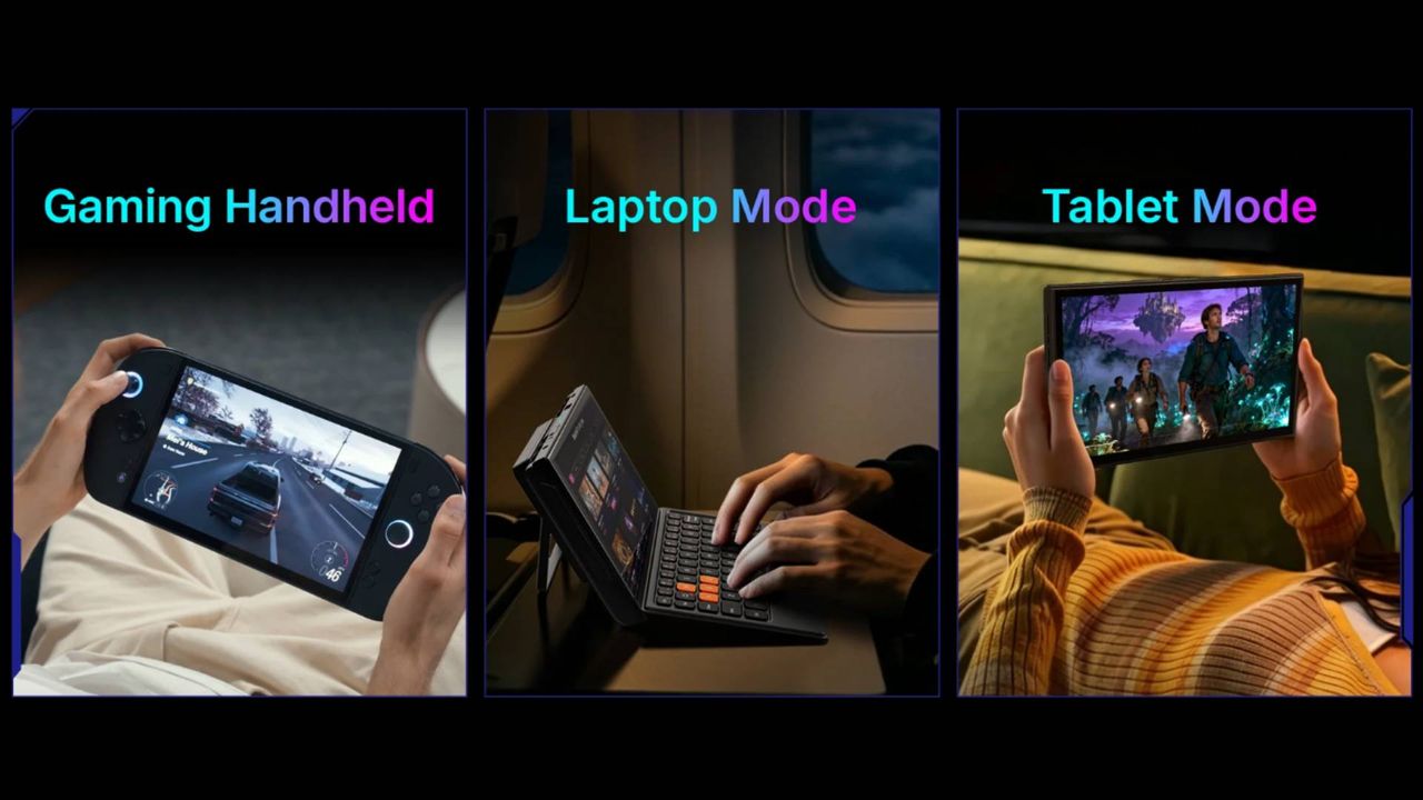Three OneXPlayer X2 Mini modes, with gaming handheld on right, laptop mode in middle, and tablet mode on left.