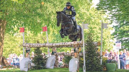 Dan Jocelyn, a rider in black and white colours, rides a dark bay horse over a jump made of silver birch logs at Badminton 2025