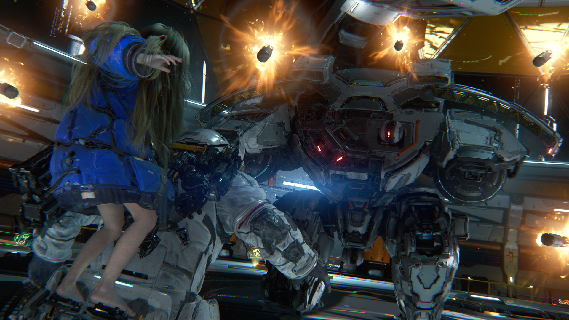 Hugh and Diana brace for impact as a huge droid in Pragmata unleashes a barrage of missiles