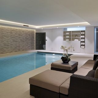 indoor swimming pool with white ceiling and flower pot on table