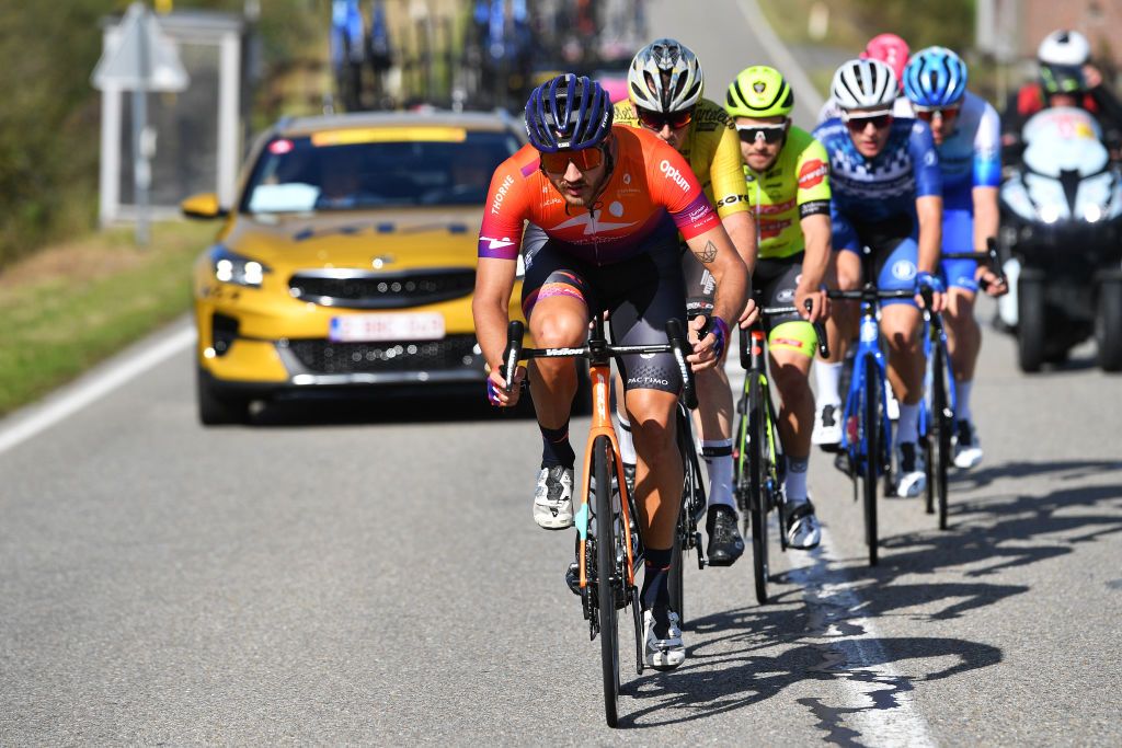 BINCHE BELGIUM OCTOBER 04 Adam De Vos of Canada and Team Human Powered Health competes in the breakaway during the 35th Binche Chimay Binche Memorial Frank Vandenbroucke 2022 a 1986km one day race from Binche to Binche BincheChimayBinche on October 04 2022 in Binche Belgium Photo by Luc ClaessenGetty Images
