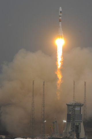 Soyuz clears the tower for the first time from Europe's spaceport in French Guiana carrying the first two Galileo In-Orbit Validation satellites, on October 21, 2011.