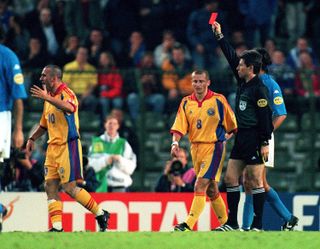 Romania's Gheorghe Hagi is sent off against Italy in the quarter-finals of Euro 2000.