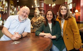 Bill Bailey, Natalie Cassidy and Kelly Valentine Hendry on the set of EastEnders.