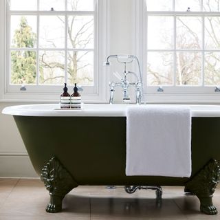 bathroom with a view and freestanding cast iron bath painted green