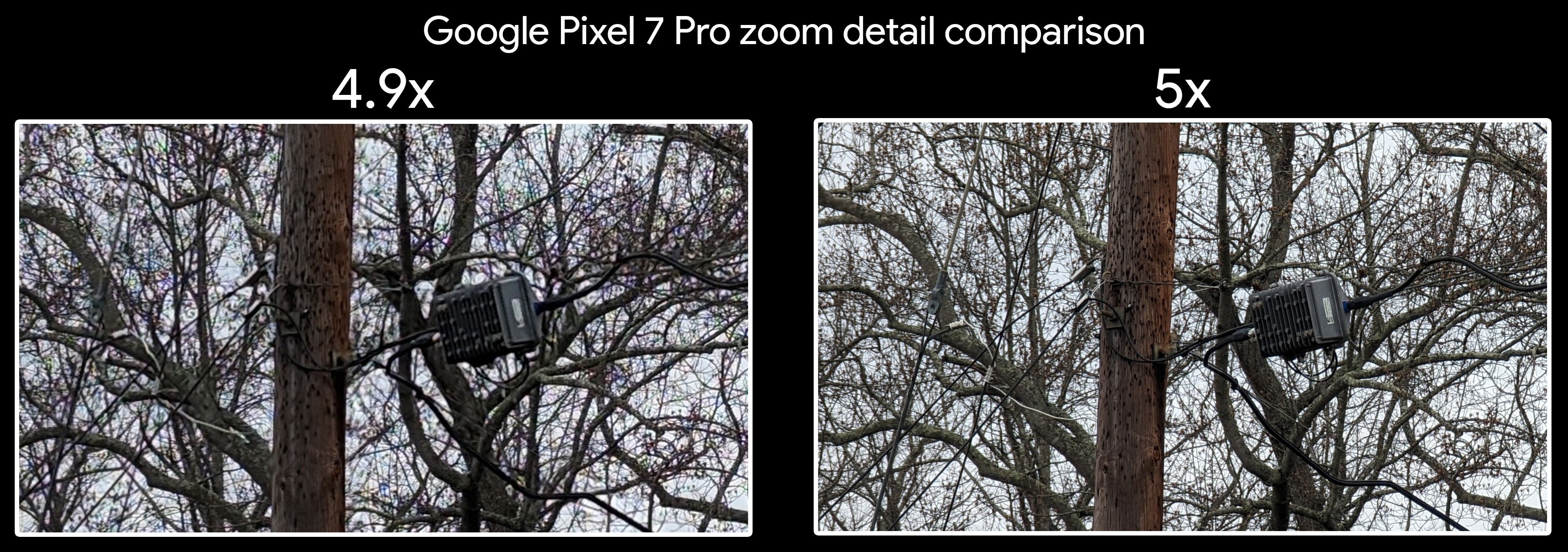 Comparando detalhes de zoom de 4x e 5x em um Google Pixel 7 Pro