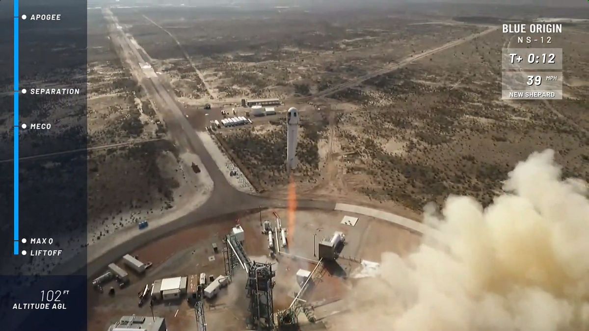 A Blue Origin New Shepard rocket launches the Reusable Space Ship H.G. Wells on its record 6th flight to suborbital space from the company's West Texas launch site on Dec. 11, 2019.