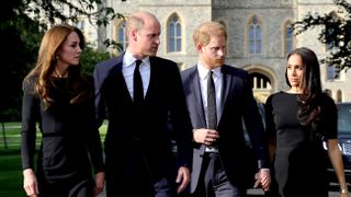 Catherine, Princess of Wales, Prince William, Prince of Wales, Prince Harry, Duke of Sussex, and Meghan, Duchess of Sussex on the long Walk at Windsor Castle