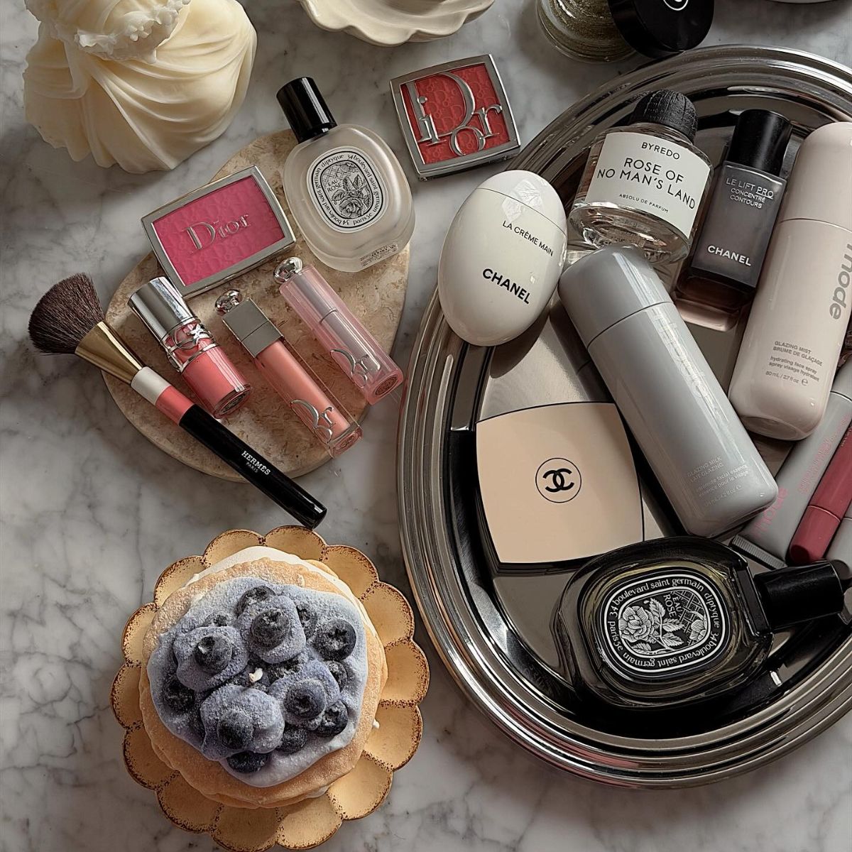 A vanity with makeup and skincare products