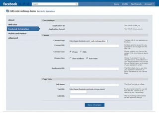 Editing your Canvas application settings via Facebook Integration. Here's where you provide technical details such as URLs and page names