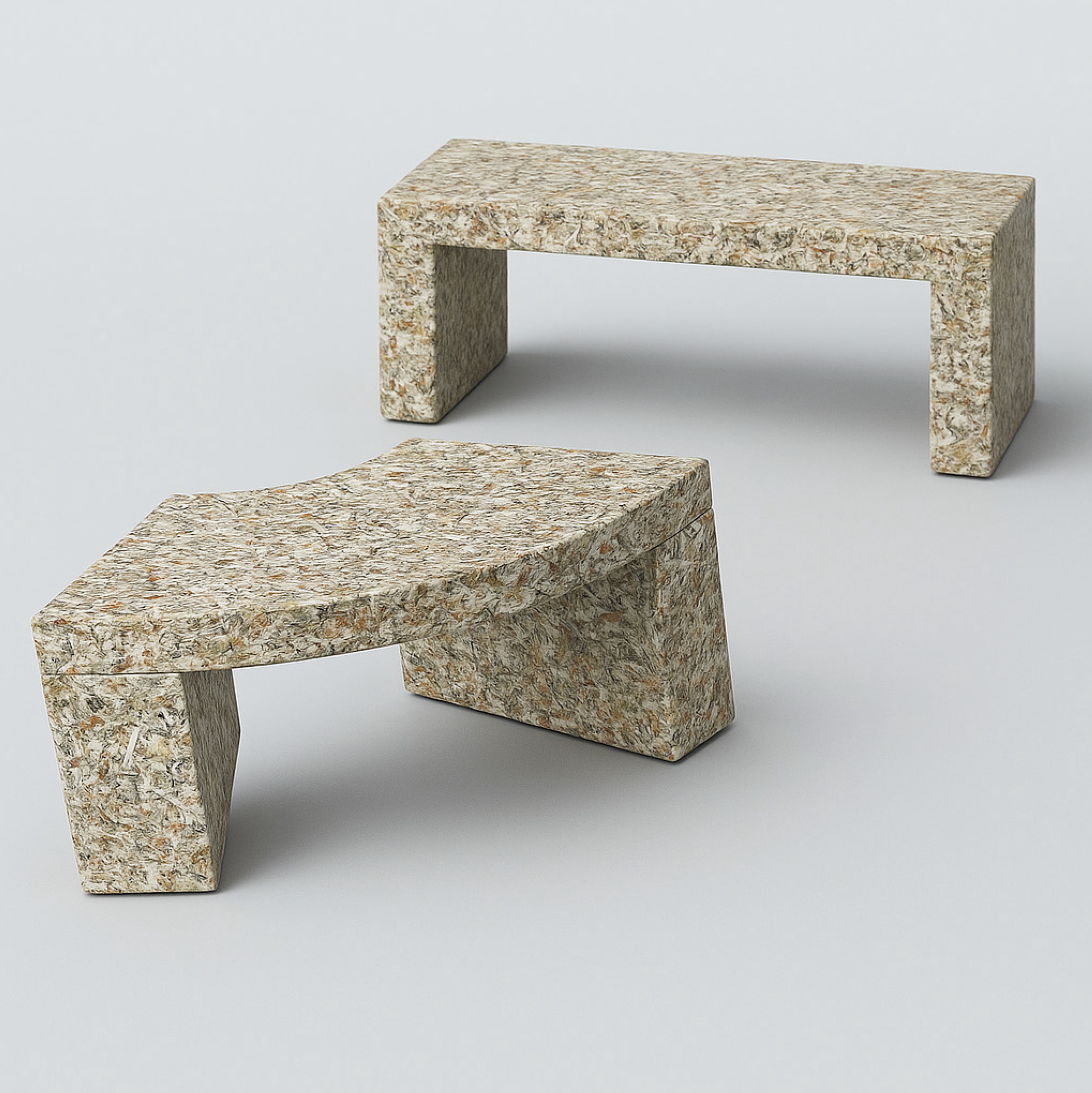 Two curved benches made of recycled and shredded banknotes