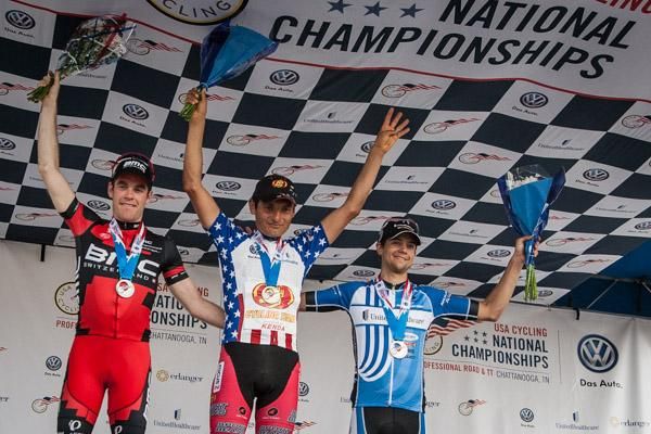 2013 US pro road race championship podium (L-R): Brent Bookwalter (BMC), Freddie Rodriguez (Jelly Belly p/b Kenda) and Kiel Reijnen (UnitedHealthcare)