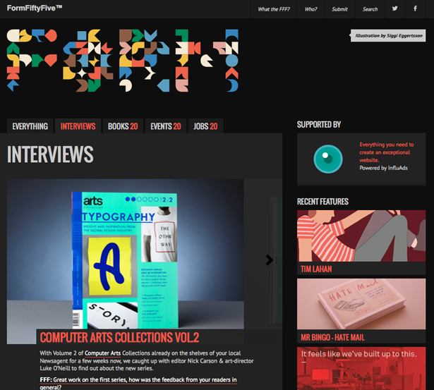 The interview section of the FormFiftyFive site - featuring Computer Arts Collection
