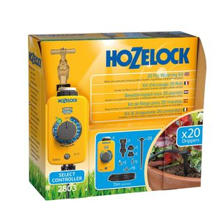 Yellow Hozelock box with a picture of the product on the front, on a white background