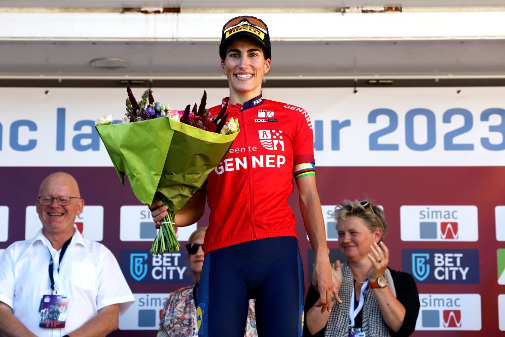 GENNEP NETHERLANDS SEPTEMBER 06 Elisa Balsamo of Italy and Team LidlTrek celebrates at podium as Red stage winner jersey during the 25th Simac Ladies Tour 2023 Stage 1 a 1391km stage from Gennep to Gennep UCIWWT on September 06 2023 in Gennep Netherlands Photo by Bas CzerwinskiGetty Images
