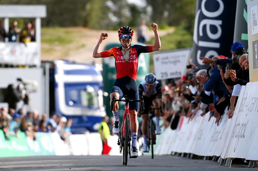 ALTO DO MALHO LOULE PORTUGAL FEBRUARY 18 Thomas Pidcock of United Kingdom and Team INEOS Grenadiers celebrates at finish line as stage winner during the 49th Volta ao Algarve em Bicicleta 2023 Stage 4 a 1779km stage from Albufeira to Alto do Malho Loule 514m VAlgarve2023 on February 18 2023 in Alto do Malho Portugal Photo by Tim de WaeleGetty Images