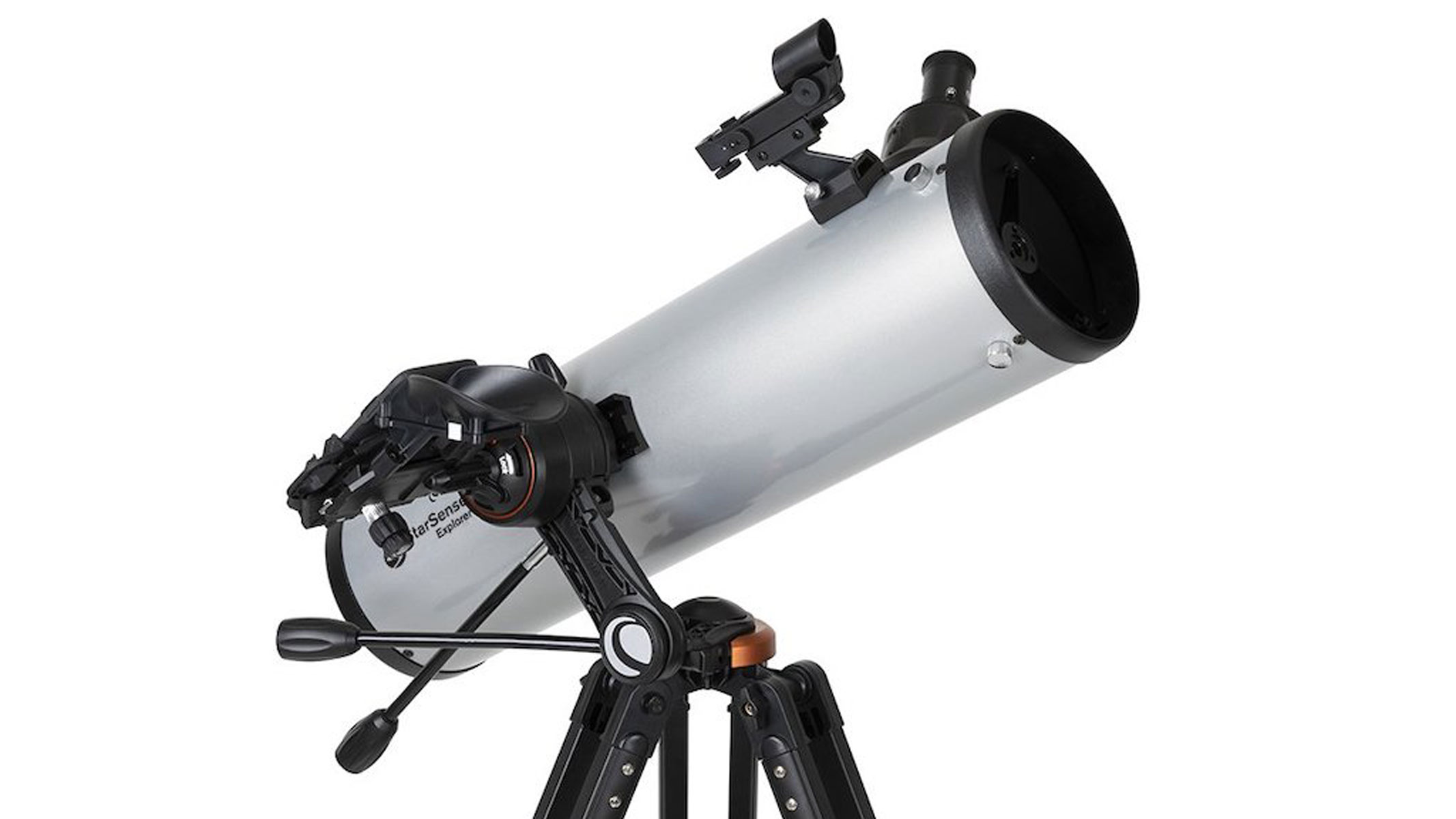 The Celestron StarSense Explorer DX 130AZ telescope pointing at the sky against a white background.