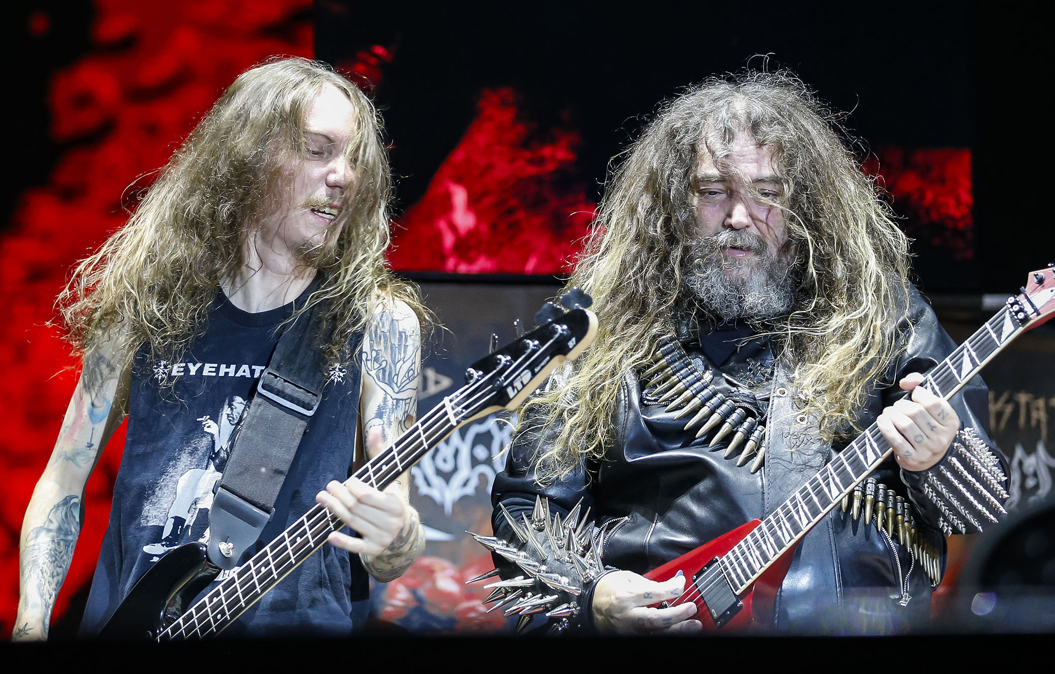 Max and his son, Igor Amadeus Cavalera, perform at Exist Festival 2024, in Norway, with Igor playing an LTD bass, Max playing a red LTD Arrow V-style