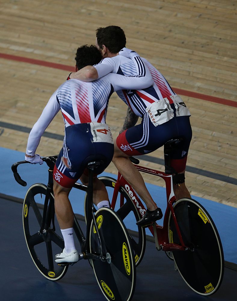 Bradley Wiggins and Mark Cavendish celebrate their win