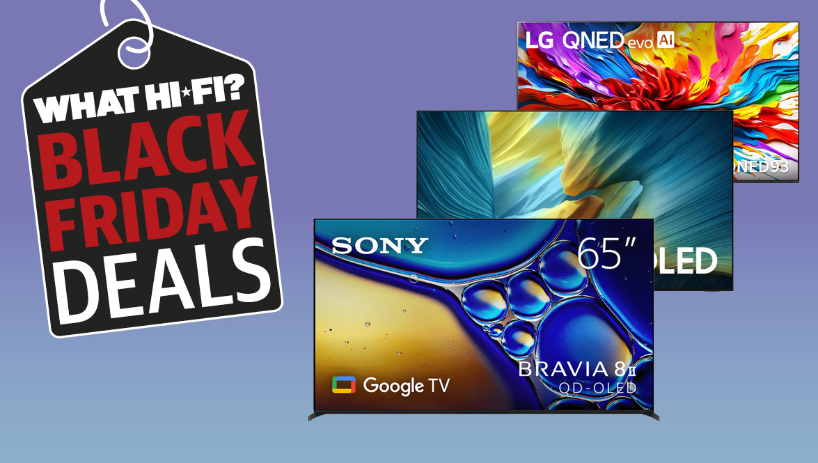 Sony, Samsung and LG TVs on a purple background with &quot;What Hi-Fi? Black Friday Deals&quot; badge.