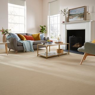best carpet colour for living room, neutral living room with pale stone carpet, grey sofa, metal coffee table, plant, blue throw, fire place