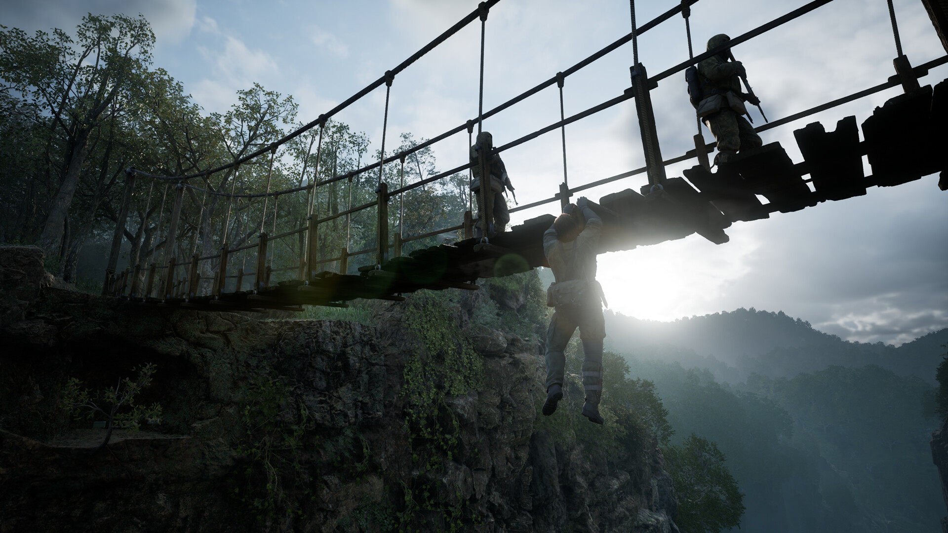 Metal Gear Solid Delta: Snake Eater screenshot showing Naked Snake hiding from enemies by hanging off a bridge