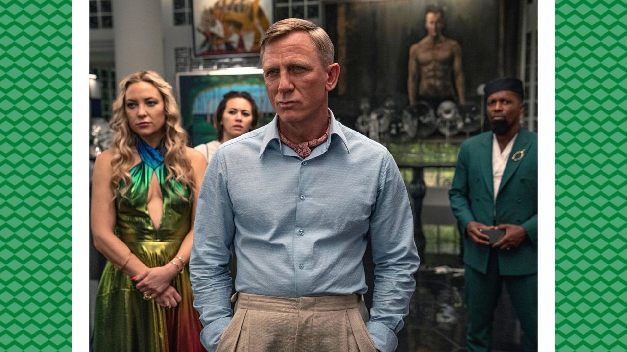 Is Knives Out 2 streaming? Glass Onion: A Knives Out Mystery (2022). (L - R) Kate Hudson as Birdie, Jessica Henwick as Peg, Daniel Craig as Detective Benoit Blanc, and Leslie Odom Jr. as Lionel. Cr. John Wilson/Netflix © 2022.