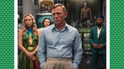 Is Knives Out 2 streaming? Glass Onion: A Knives Out Mystery (2022). (L - R) Kate Hudson as Birdie, Jessica Henwick as Peg, Daniel Craig as Detective Benoit Blanc, and Leslie Odom Jr. as Lionel. Cr. John Wilson/Netflix © 2022.