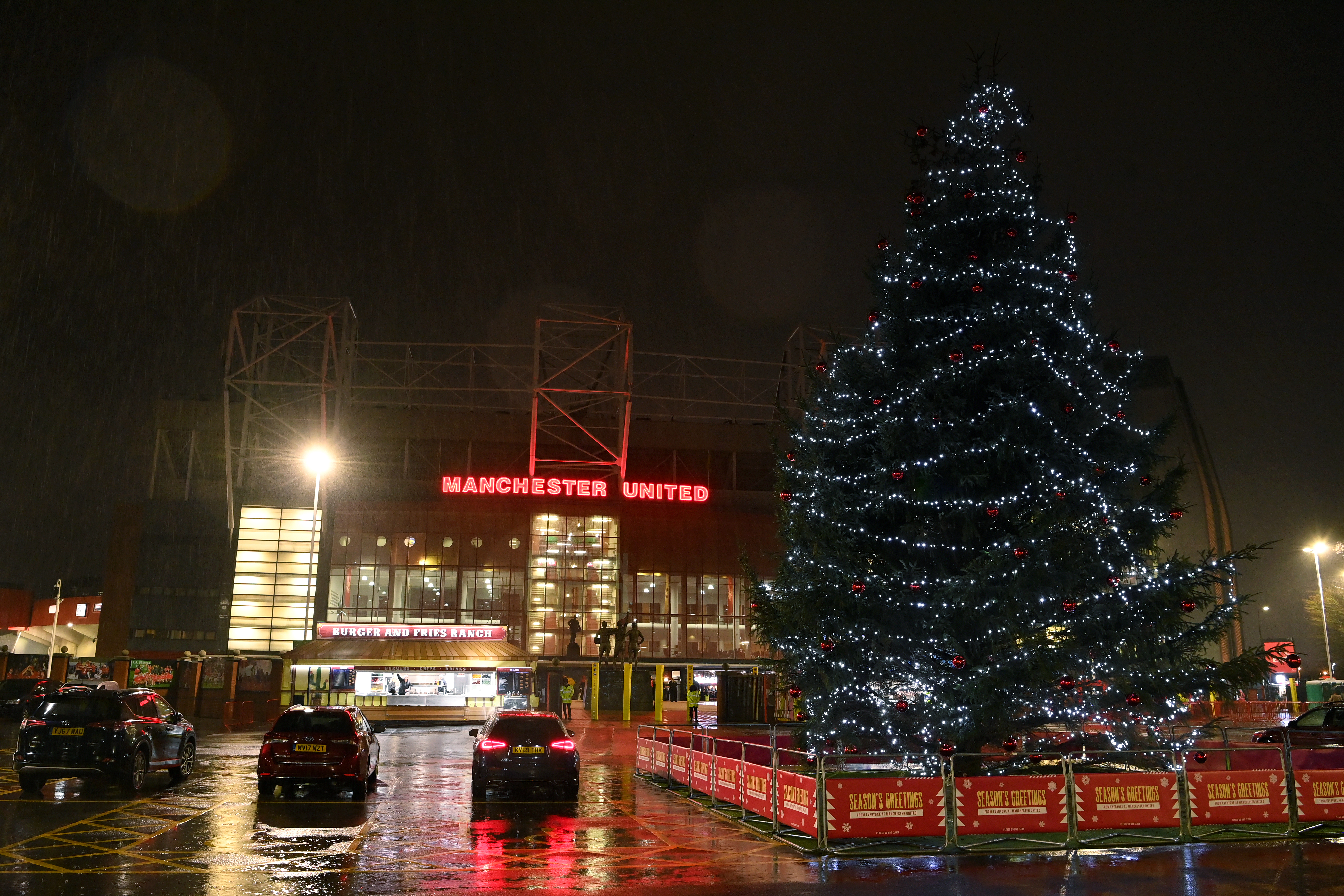 MANCHESTER, ENGLAND - DECEMBER 27: A general view outside the stadium as a Christmas Tree is seen prior to the Premier League match between Manchester United and Nottingham Forest at Old Trafford on December 27, 2022 in Manchester, England. (Photo by Stu Forster/Getty Images)