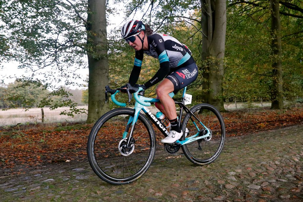 HOOGEVEEN NETHERLANDS OCTOBER 23 Janneke Ensing of Netherlands and Team BikeExchange competes in the chase group through cobblestones sector during the 17th UCI Womens WorldTour Ronde van Drenthe 2021 a 1591km one day race from Assen to Hoogeveen UCIWWT RondevDrenthe on October 23 2021 in Hoogeveen Netherlands Photo by Bas CzerwinskiGetty Images