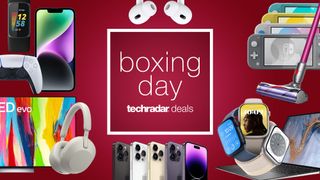 Text in the centre reads 'Boxing Day', with iPhones, AirPods, Nintendo Switches and a TV surrounding it
