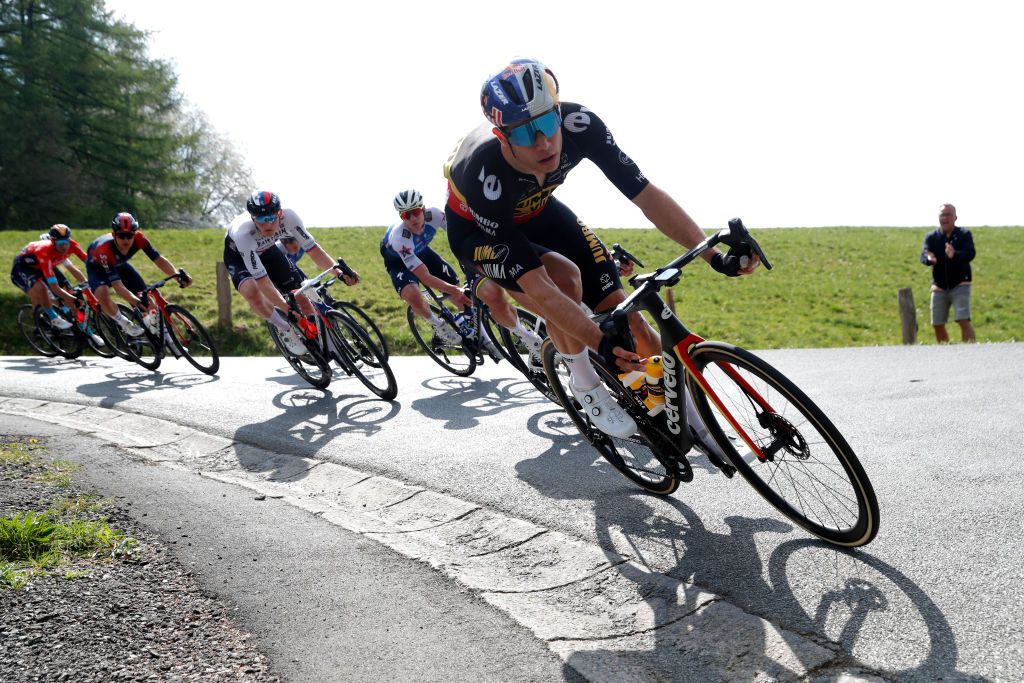 LIEGE BELGIUM APRIL 24 Wout Van Aert of Belgium and Team Jumbo Visma competes during the 108th Liege Bastogne Liege 2022 Mens Elite a 2572km one day race from Lige to Lige LBL WorldTour on April 24 2022 in Liege Belgium Photo by Bas CzerwinskiGetty Images