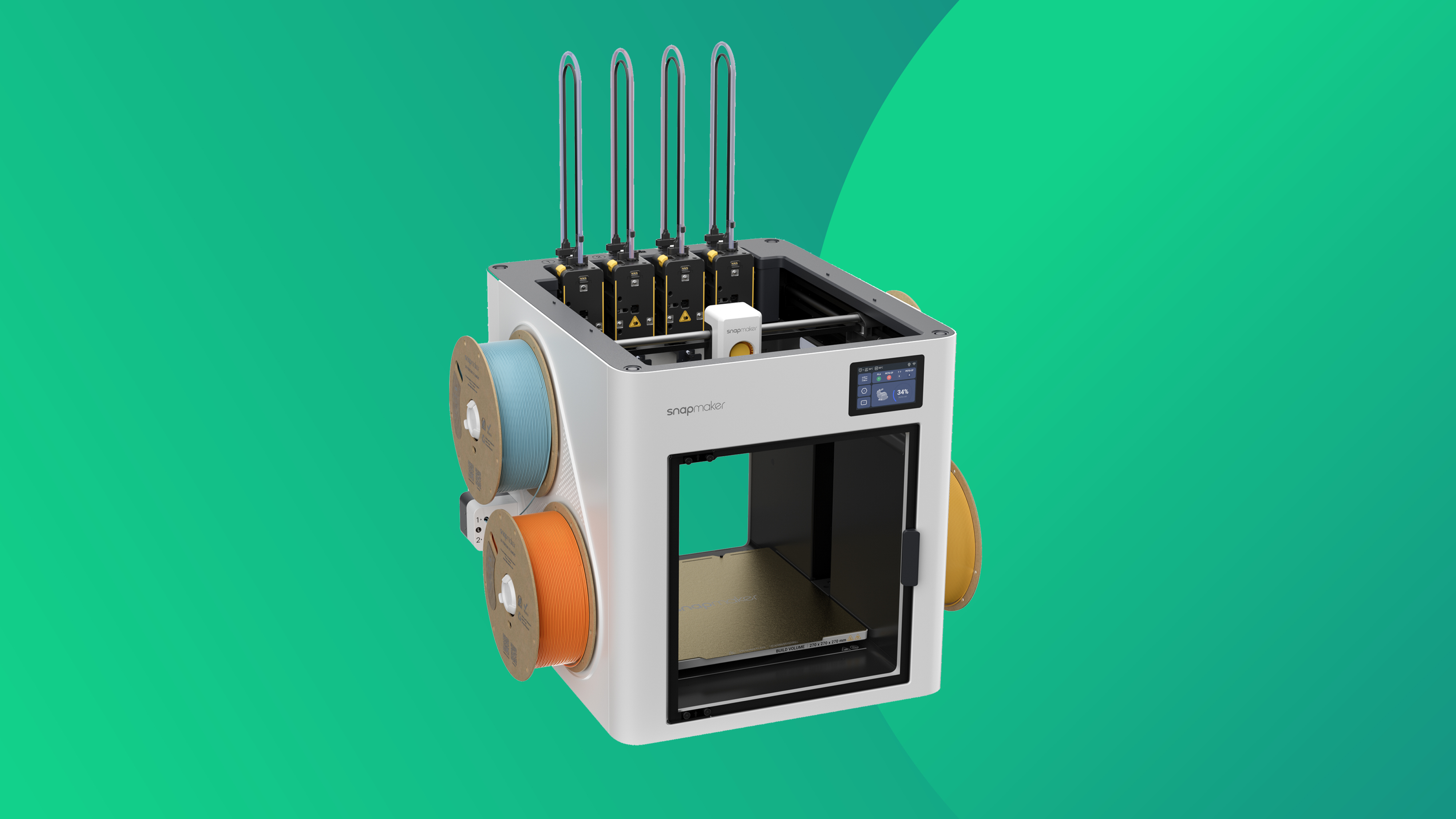 Snapmaker U1 product shot on a mint green background