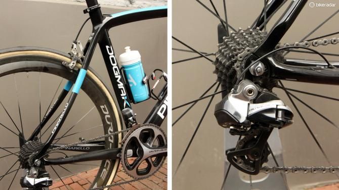 Curved seat stays in theory allow the rear end to flex upwards a bit under impact. The Shimano Dura-Ace Di2 9070 rear derailleur moved the chain across an 11-25T cassette