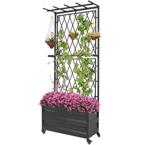 Stonehomy Metal Planter Box With Lattice Trellis and Wheels, 70 Inches Tall Heavy Duty Planter Box & Raised Garden Bed With Trellis for Climbing Plants Flowers With Drainage Holes, 30lx12wx70h Inches