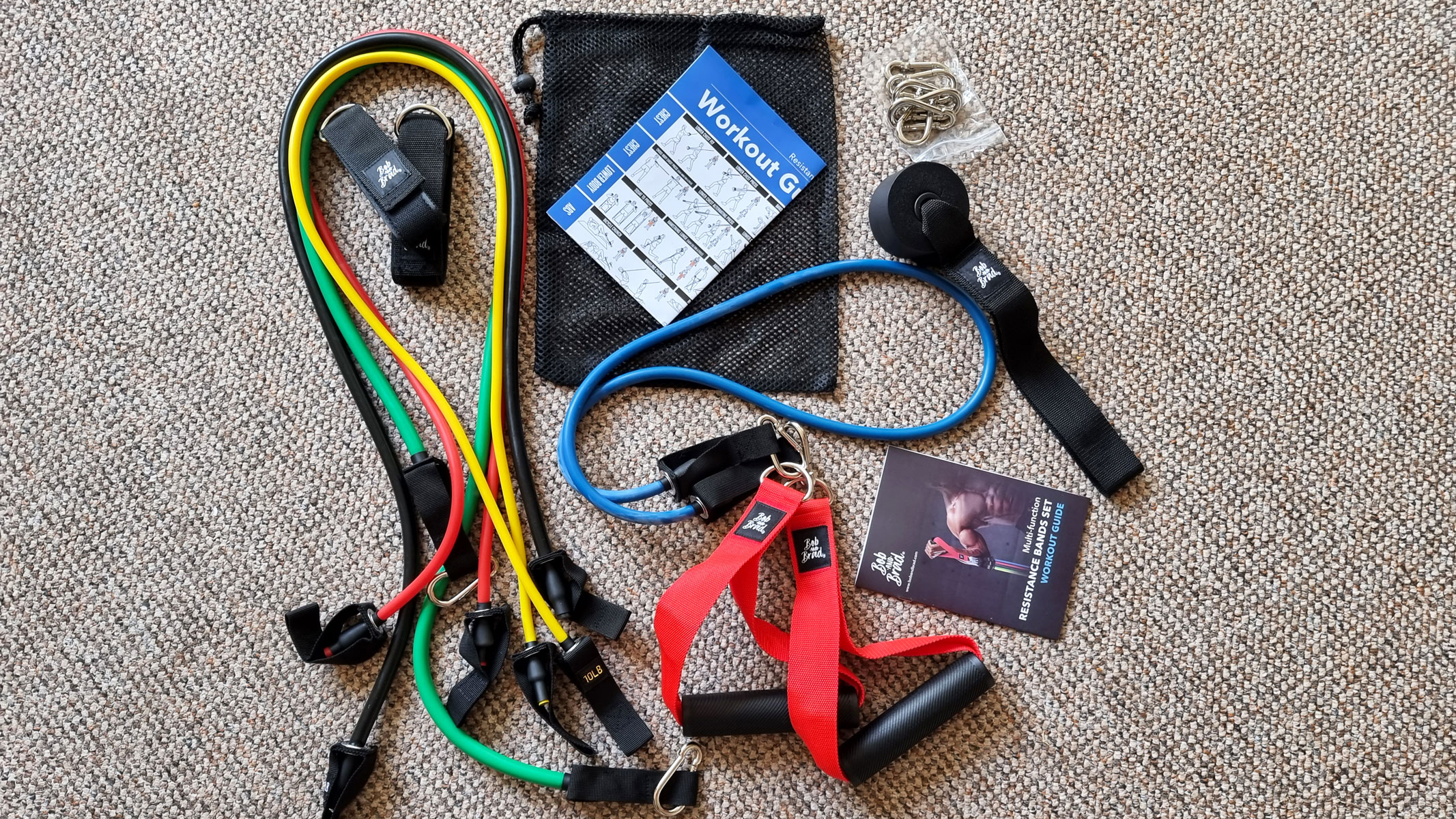 Bob and Brad resistance band set laid out on the floor
