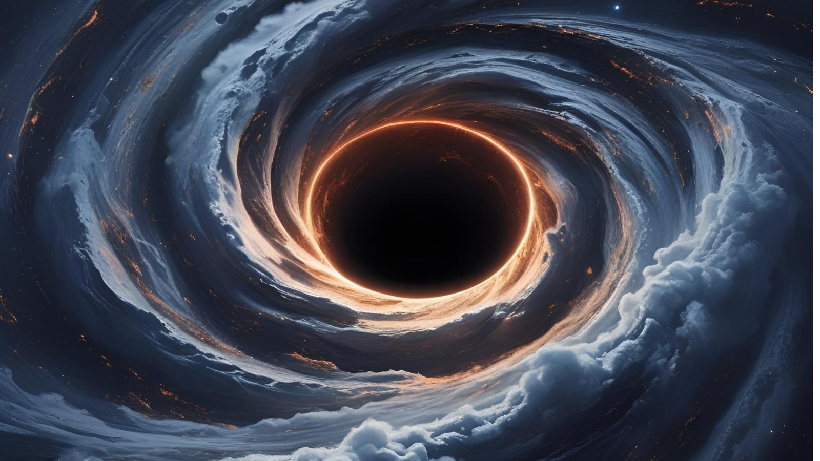 A black hole circled by an orange ring and surrounded by fluffy grey clouds