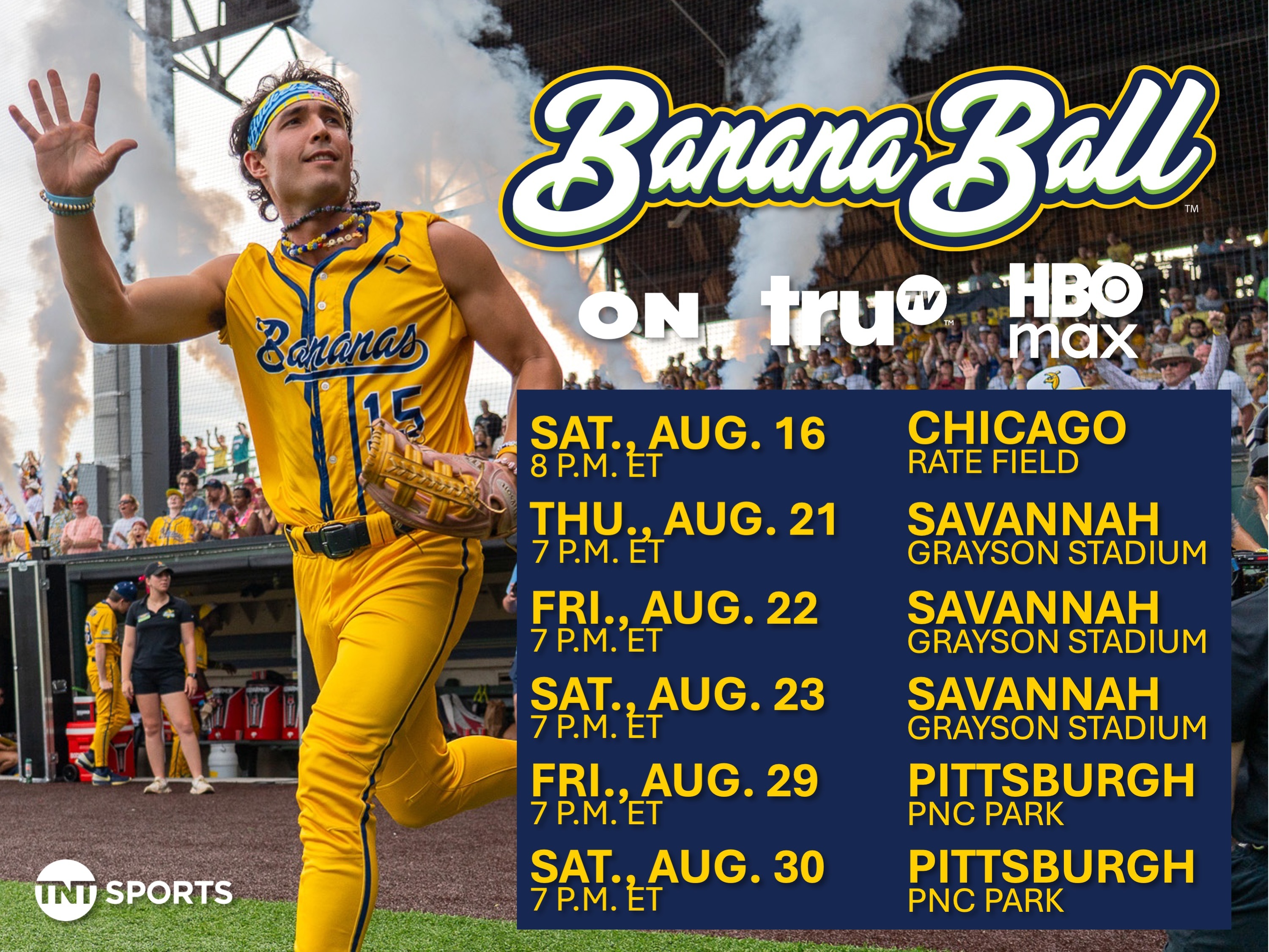 The Savannah Bananas schedule for August and September 2025 broadcasts on TruTV and HBO Max.