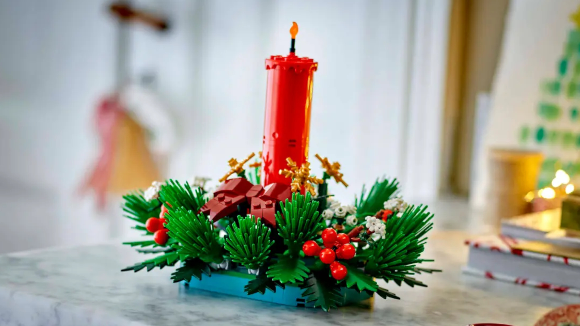 Lego Christmas candle set on a worksurface
