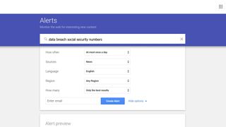 A screenshot of the Google Alerts setup searching for ‘data breach social security numbers