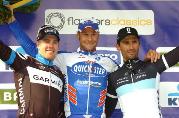 Boonen flanked by Farrar and Bennati