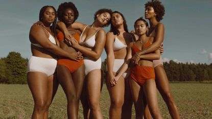 models of different shapes posing in underwear, sustainable lingerie