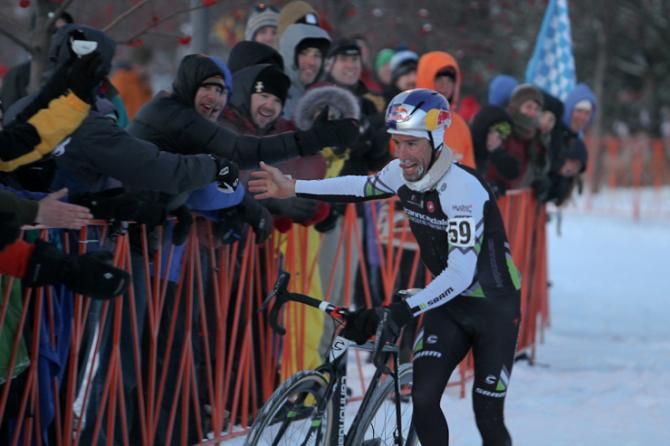 Tim Johnson celebrates his win with fans.