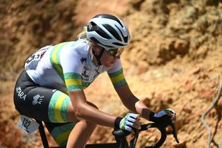 WILLUNGA HILL AUSTRALIA JANUARY 18 Alli Anderson of Australia and ARA Australian Cycling Team competes in the breakaway during the 9th Santos Womens Tour Down Under 2025 Stage 2 a 115km stage from Unley to Willunga Hill 370m on January 18 2025 in Willunga Hill Australia Photo by Dario BelingheriGetty Images